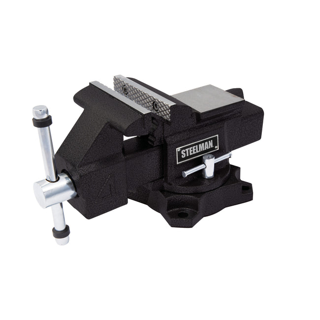 4-Inch Bench Vise with 360-degree Swivel Base, Serrated Steel Jaws, Gray