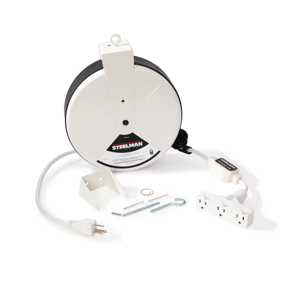 30-Foot Retractable Cord Reel with Triple Tap and 10A Inline Circuit Breaker