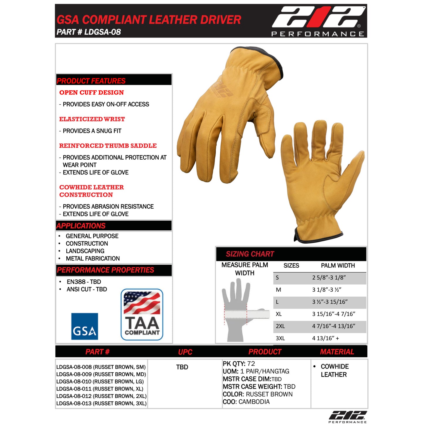 GSA Compliant Leather Driver Work Glove in Russet Brown