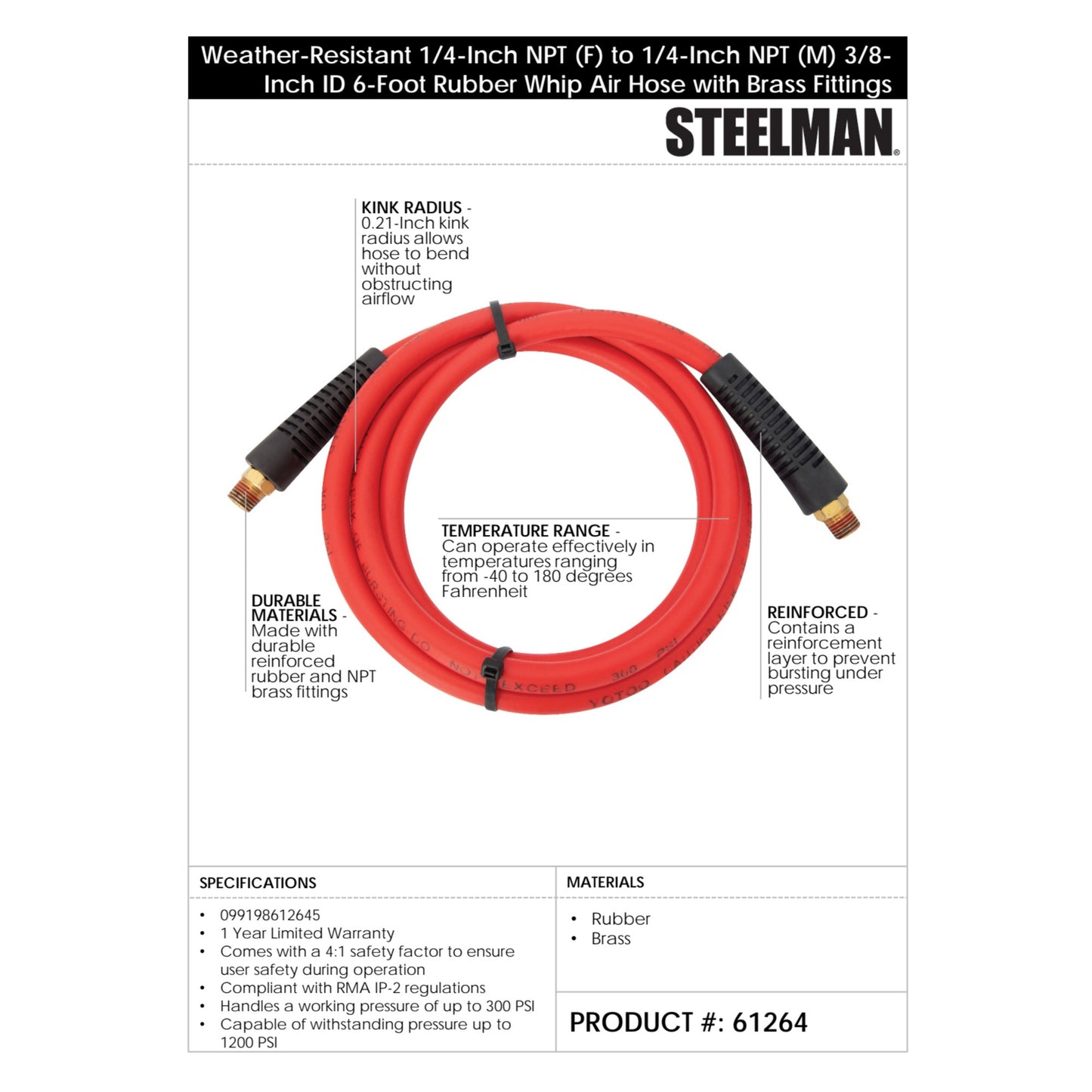 Weather-Resistant 1/4-Inch NPT (F) to 1/4-Inch NPT (M) 3/8-Inch ID 6-Foot Rubber Whip Air Hose in Red with Brass Fittings