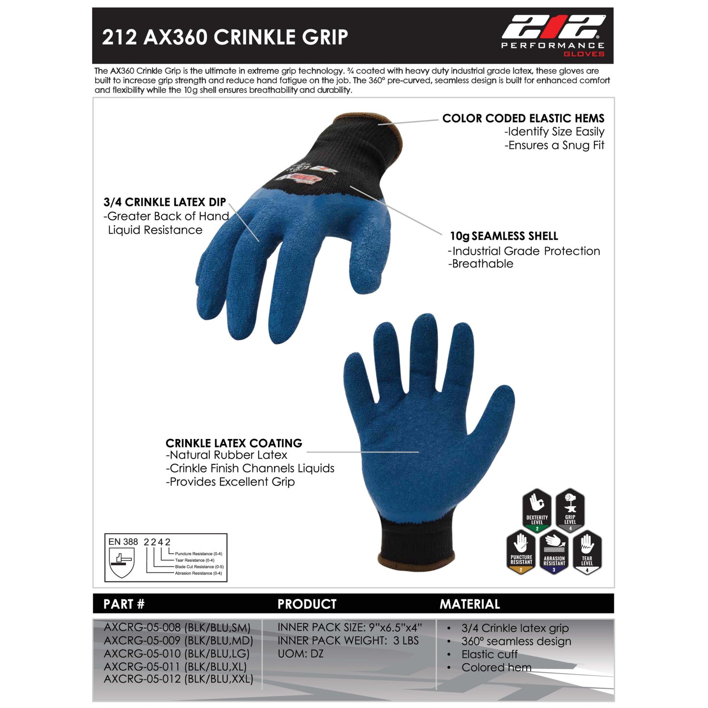 AX360 Latex-dipped Crinkle Grip Cut Resistant Gloves in Blue and Black (EN Level 2 / ANSI A2)