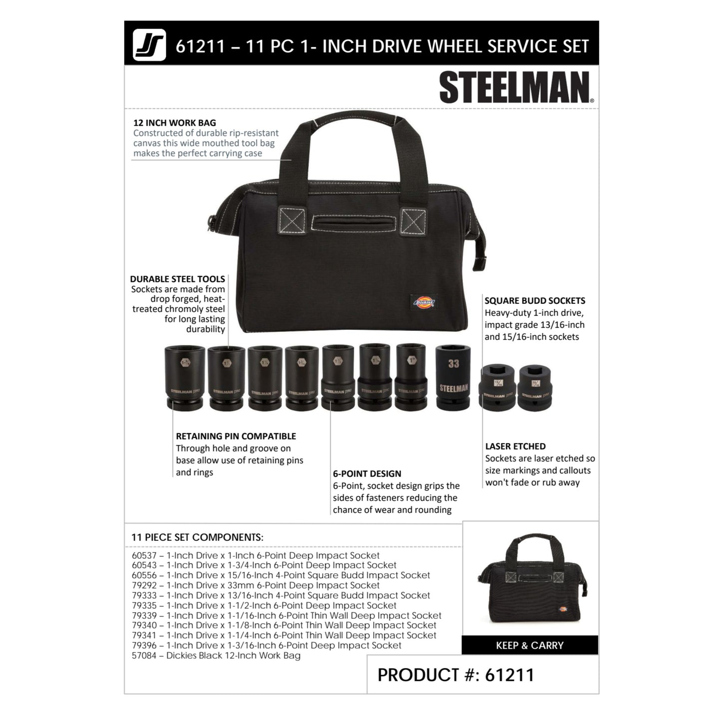 10-Piece 1-Inch Drive Wheel Service Socket Set with Tool Bag