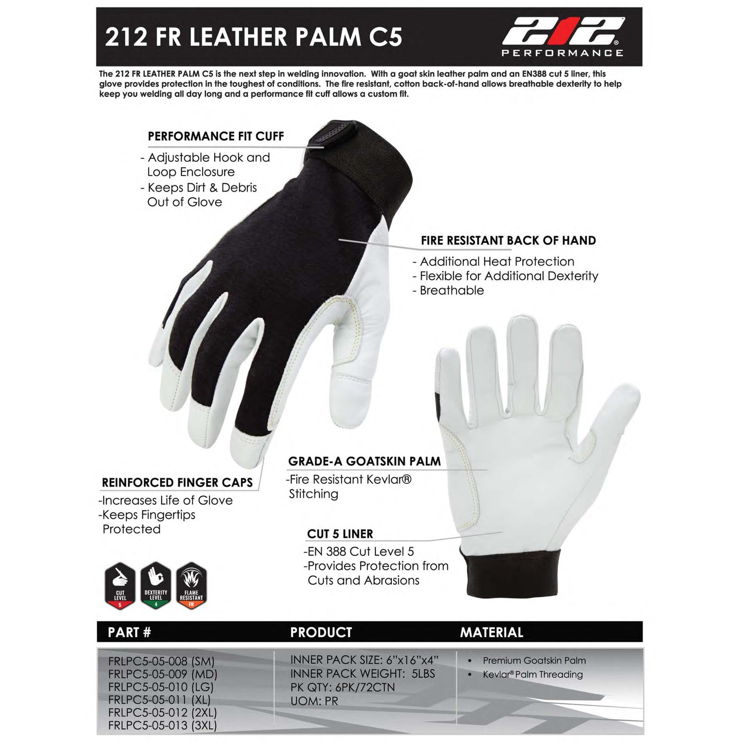 Fire Resistant Leather Palm Cut 5 Welder and Fabricator Gloves in Black and White