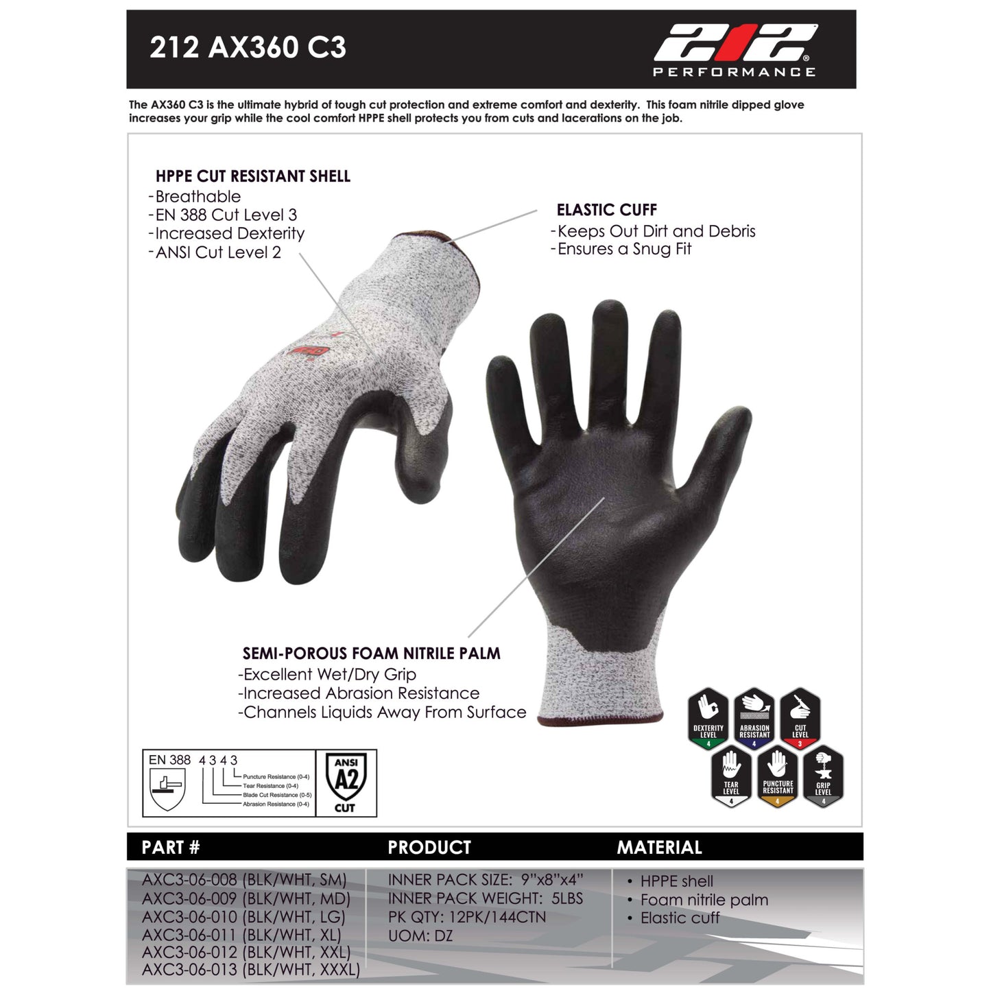 AX360 Foam Nitrile-dipped Cut Resistant Gloves in Black and Gray (EN Level 3, ANSI A2)