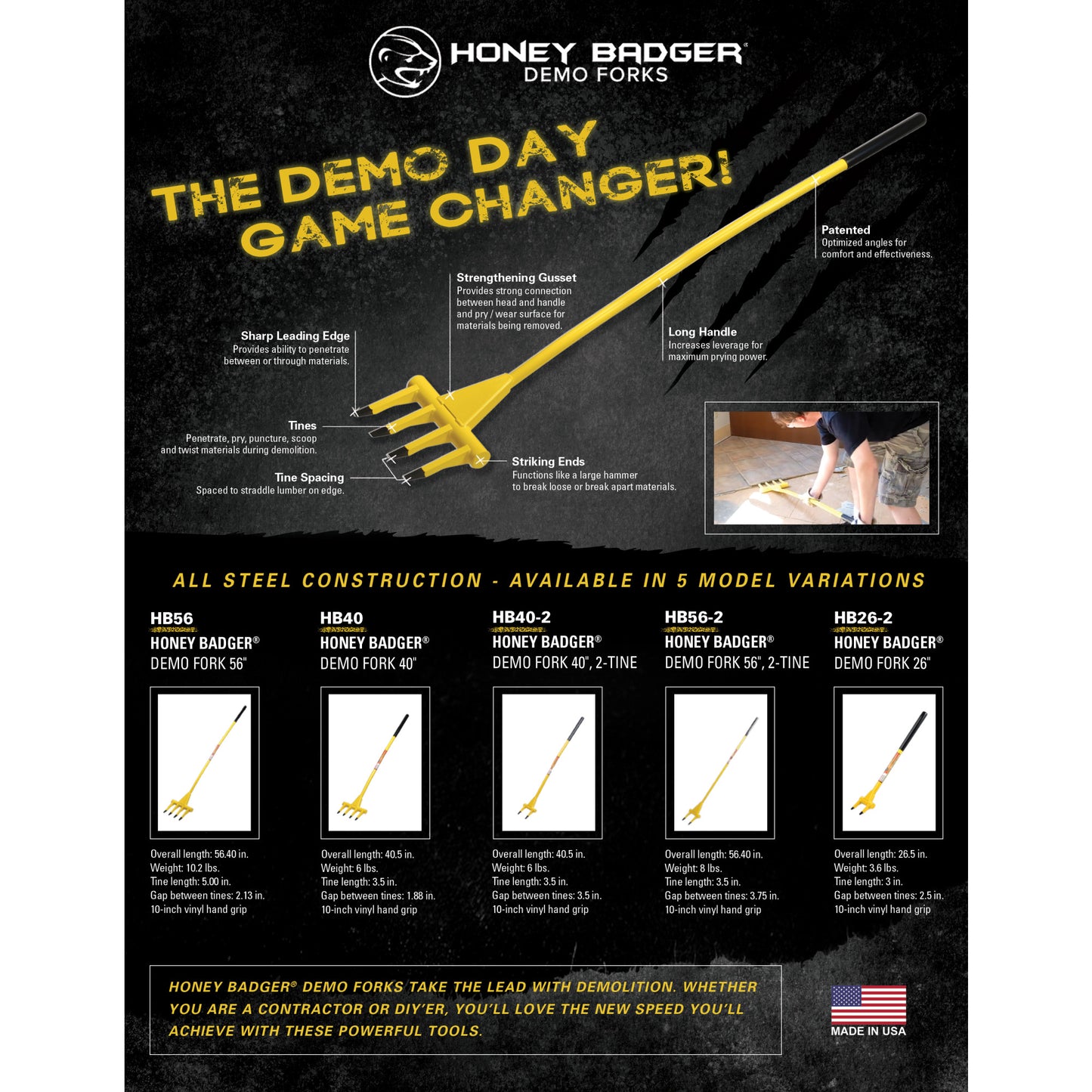 4-Tine Honey Badger Demo Fork with 56-Inch Handle