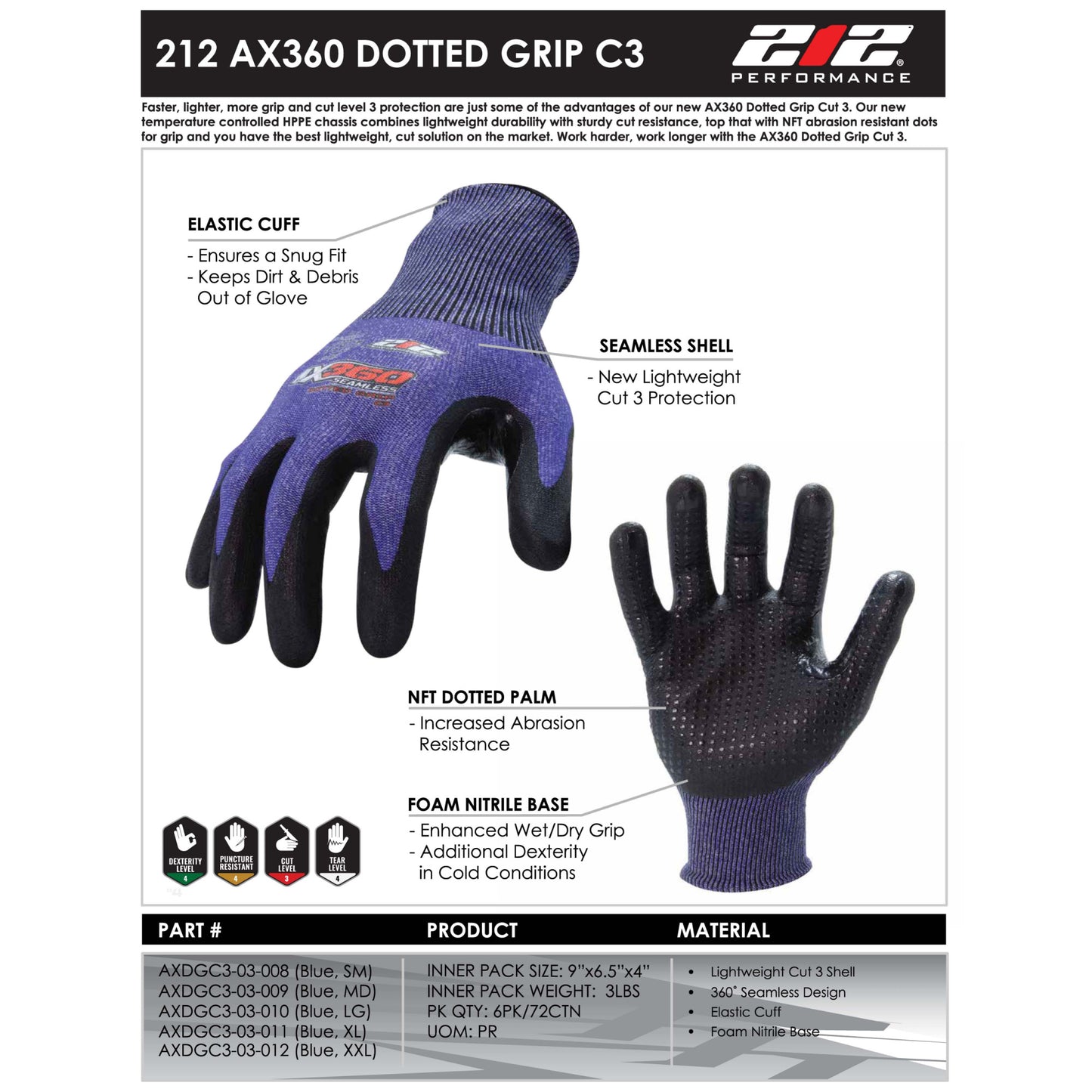 AX360 Seamless Nitrile-dipped Cut Resistant Dotted Grip Gloves in Black and Blues (EN Level 3)