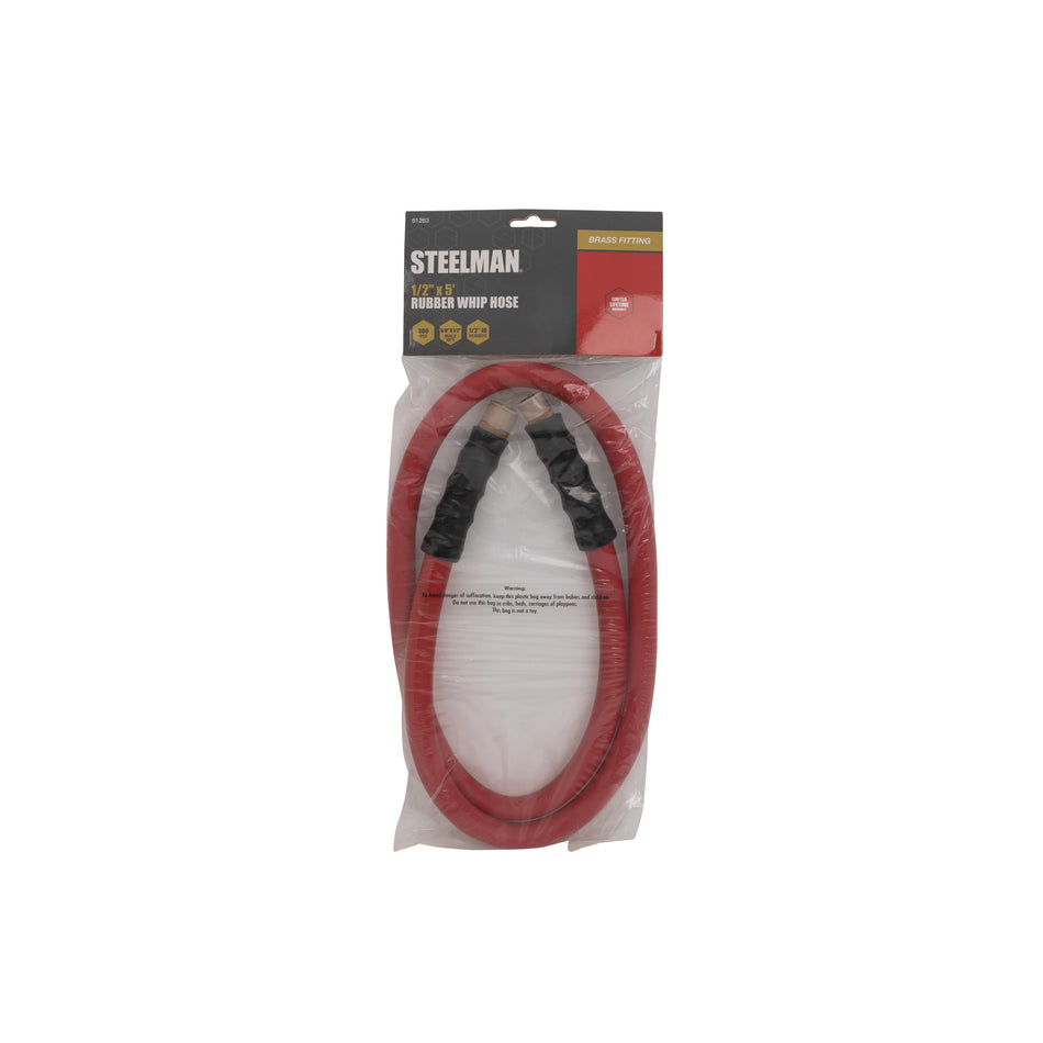 Weather-Resistant 3/8-Inch NPT (M) to 1/2-Inch NPT (M) 1/2-Inch ID 5-Foot Rubber Whip Air Hose in Red with Brass Fittings