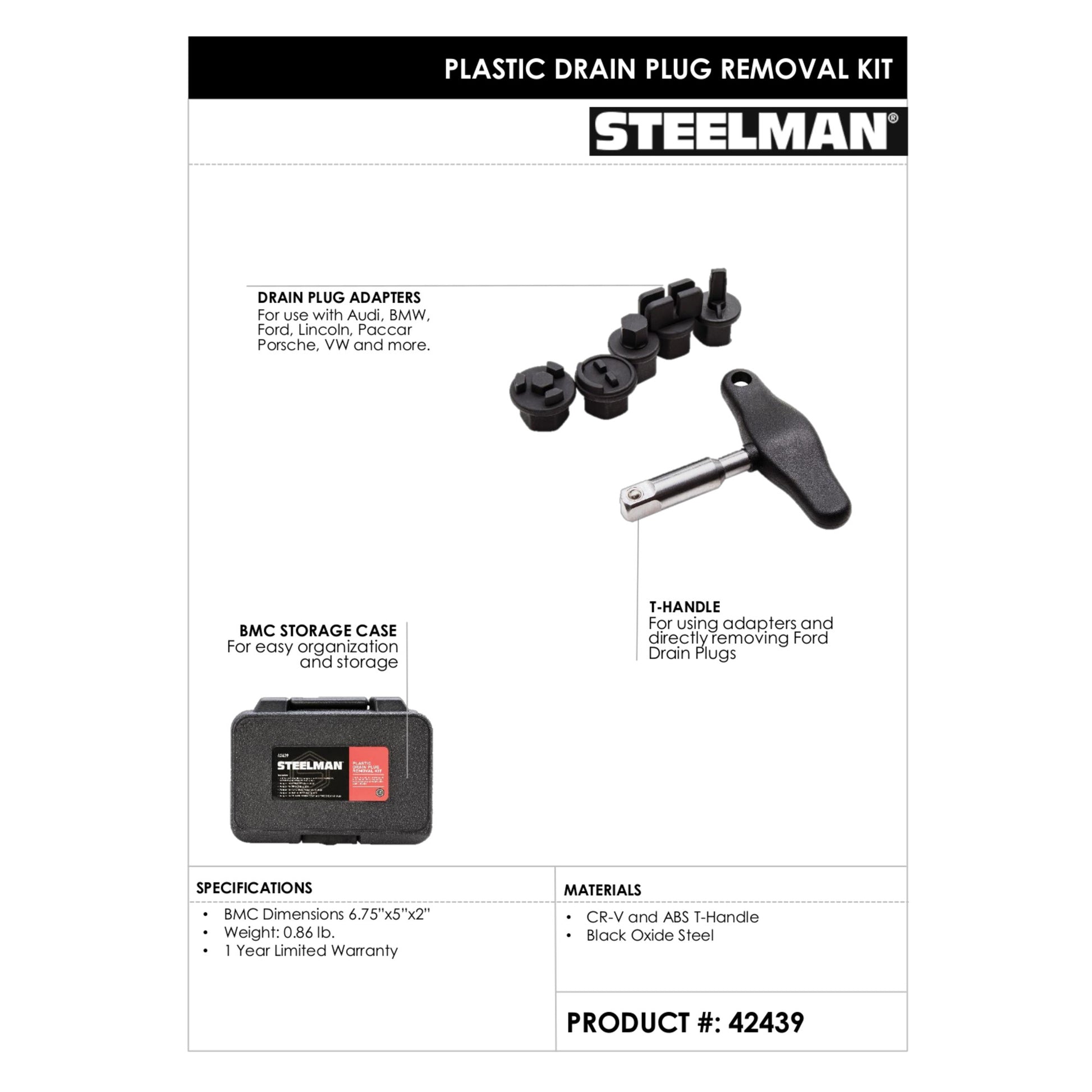 Steelman 42439 6-Piece Oil Drain Plug Wrench Kit for Installing and Removing Plastic Oil Drain Plugs and Bolts