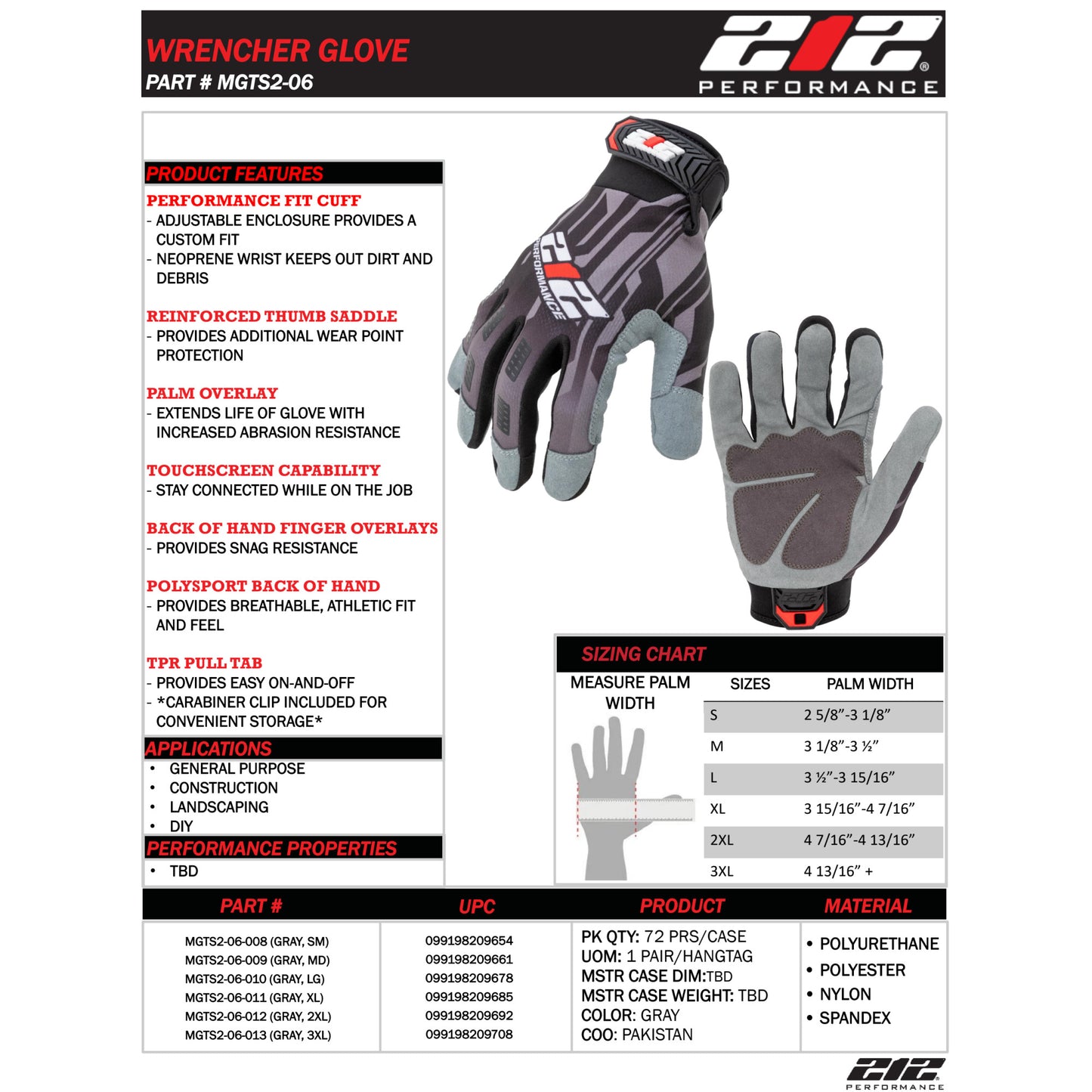 Snag Resistant Breathable Wrencher Work Gloves in Red, Gray, and Black