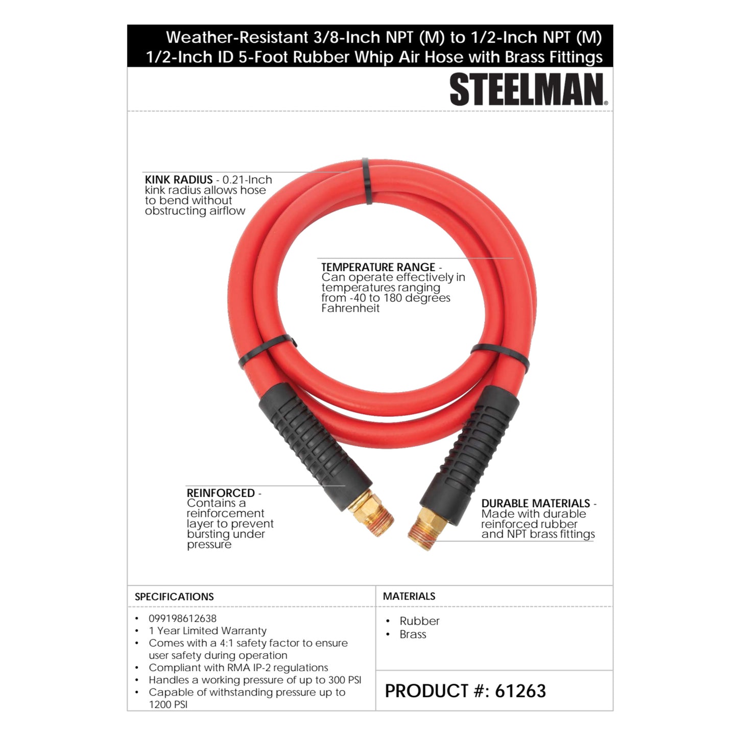 Weather-Resistant 3/8-Inch NPT (M) to 1/2-Inch NPT (M) 1/2-Inch ID 5-Foot Rubber Whip Air Hose in Red with Brass Fittings