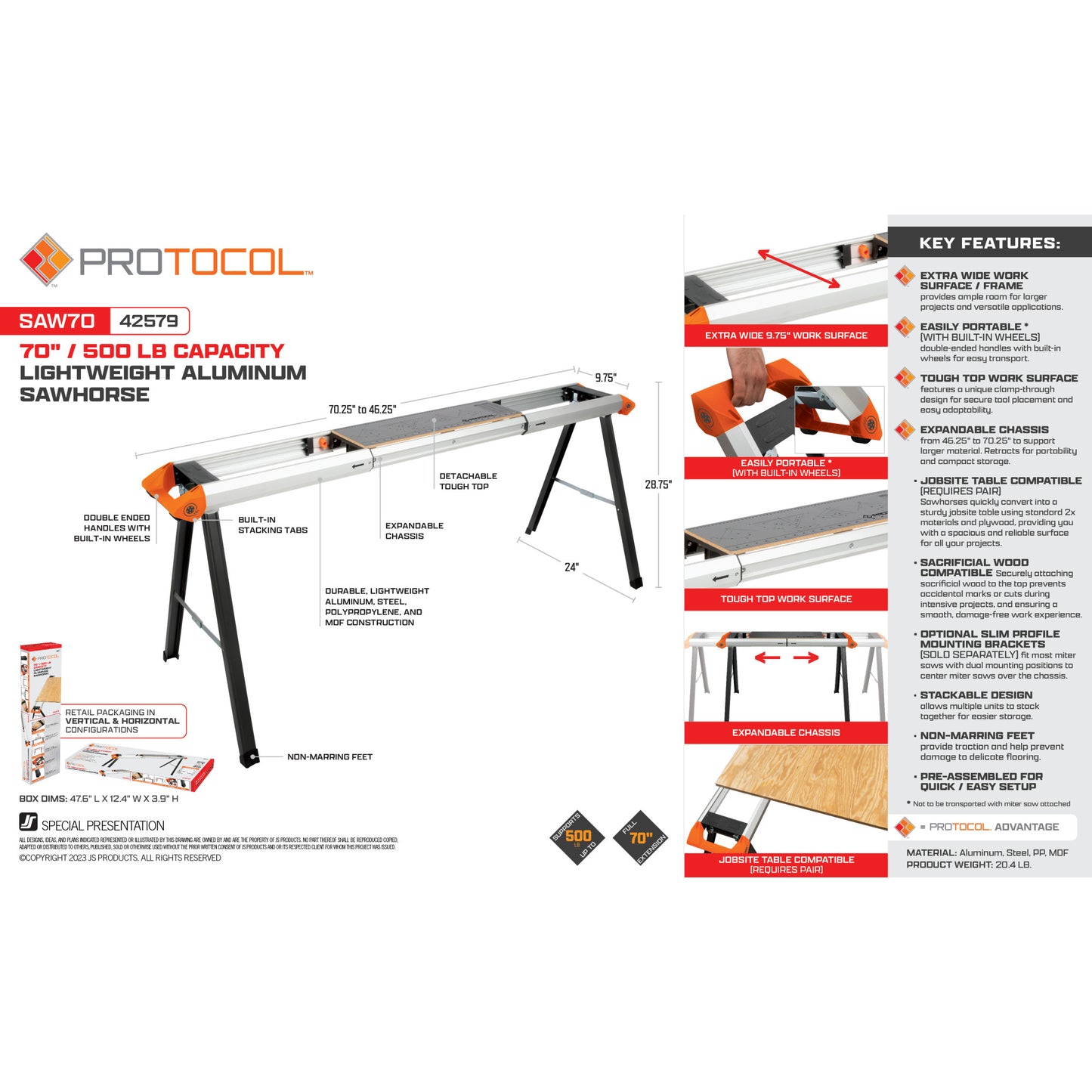 70-Inch / 500-Pound Capacity Expanding Length Lightweight Aluminum Sawhorse