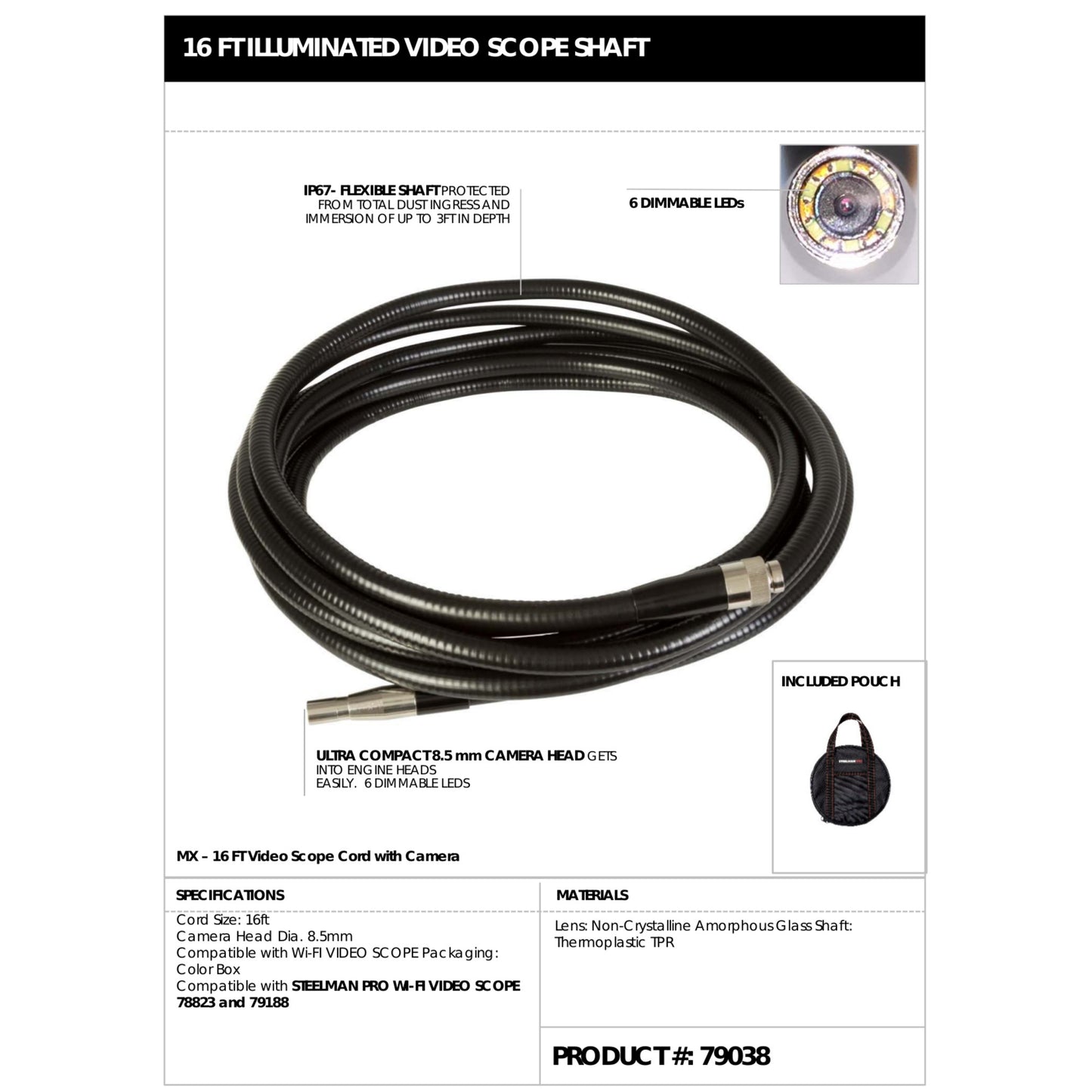 16-Foot x 8.5mm Camera Probe for Wi-Fi Video Inspection Scope