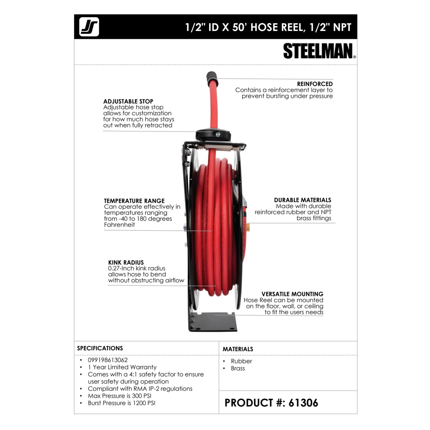 50-Foot Long 1/2-Inch Inner Diameter Air Hose with Spring Retractable Hose Reel with 1/2-Inch NPT Fittings