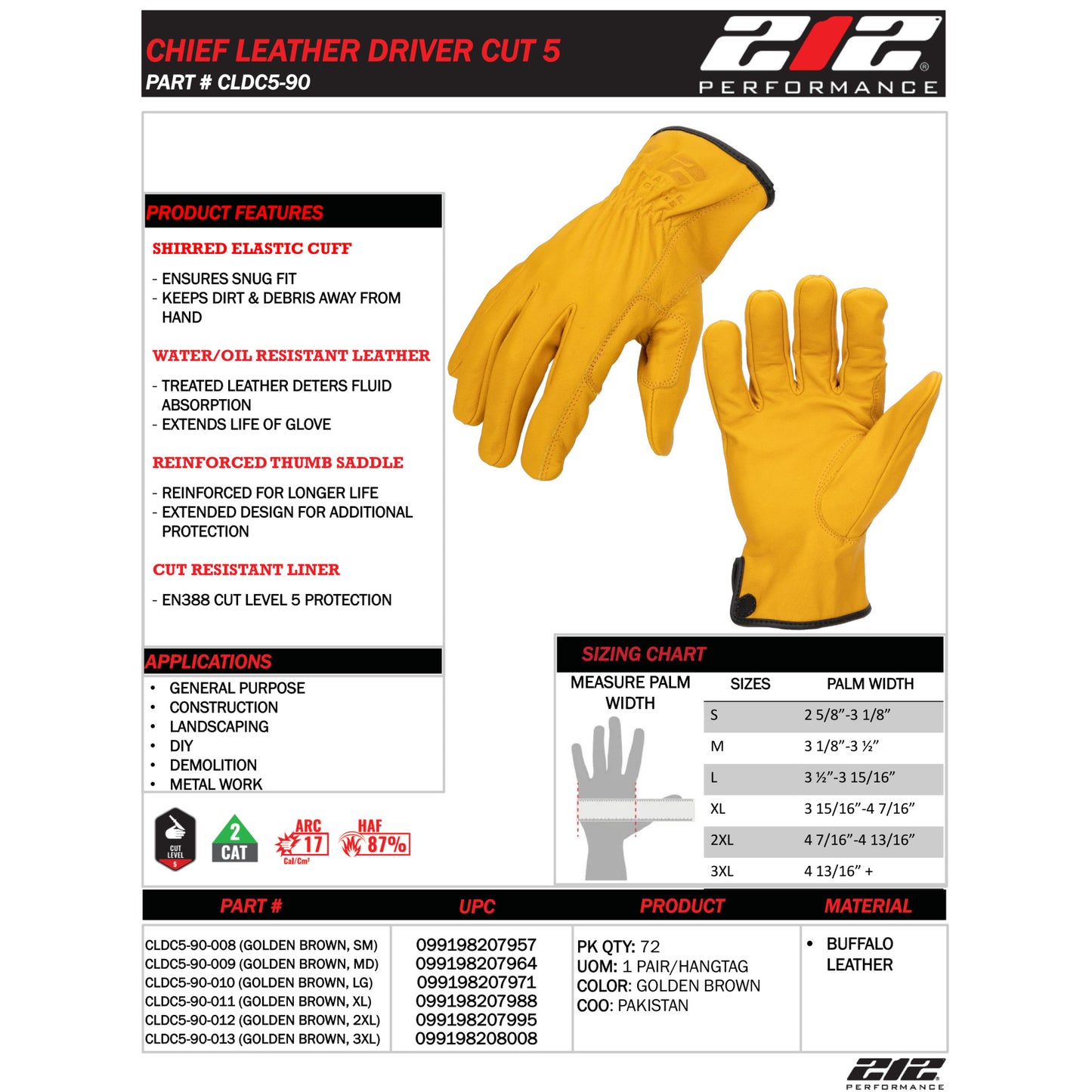 Arc Flash Cut and Liquid Resistant Treated Leather Driver Gloves (CAT 2, EN Level 5) in Golden Brown