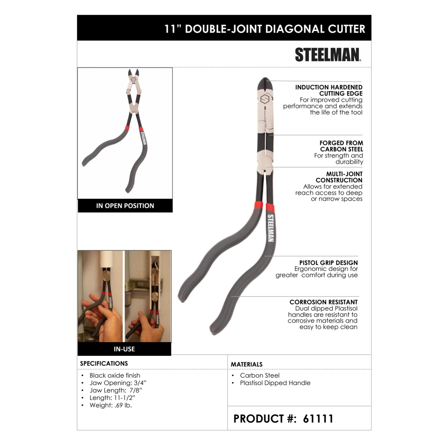 11-Inch Long Double-Joint Pistol Grip Diagonal Cutters