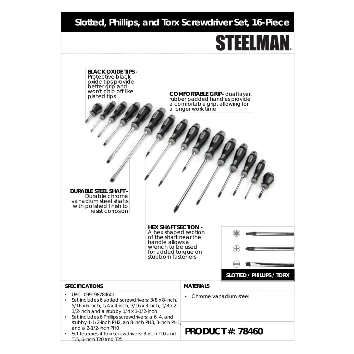 Slotted, Phillips, and Torx Screwdriver Set, 16-Piece