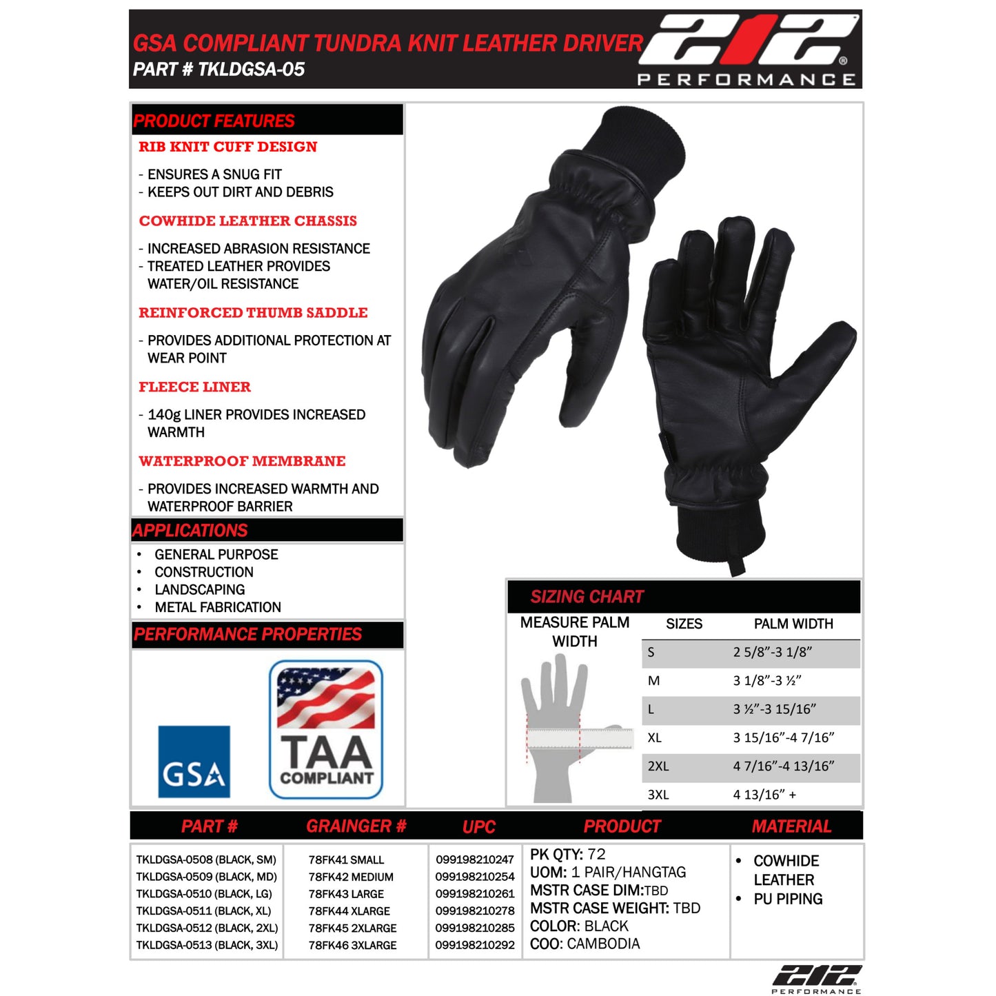 Tundra Cold Weather Black Leather Driver Gloves with Knit Cuff, GSA Compliant, 1-Pair, Black