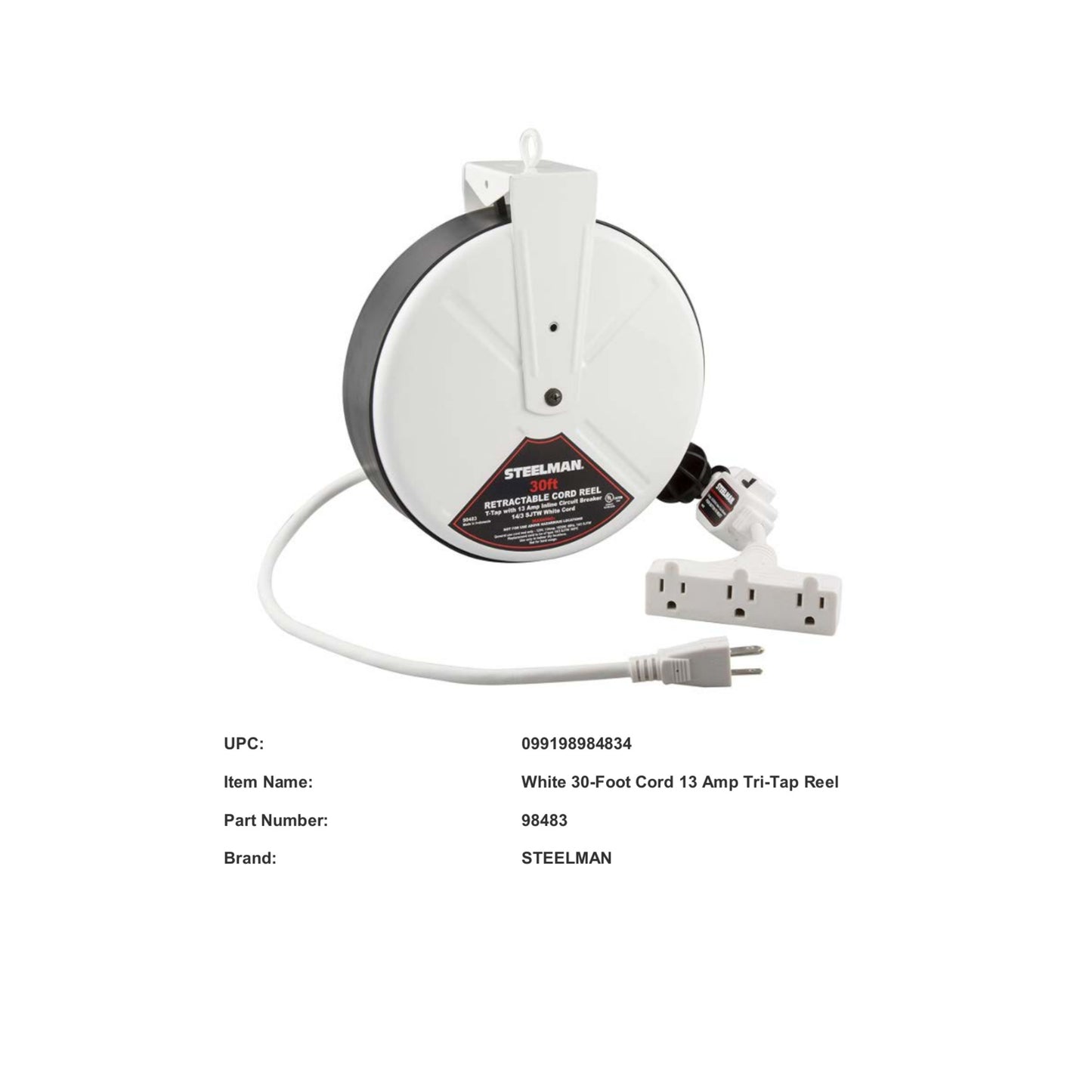 Steelman White 30-Foot Electrical Cord 13 Amp Tri-Tap Reel
