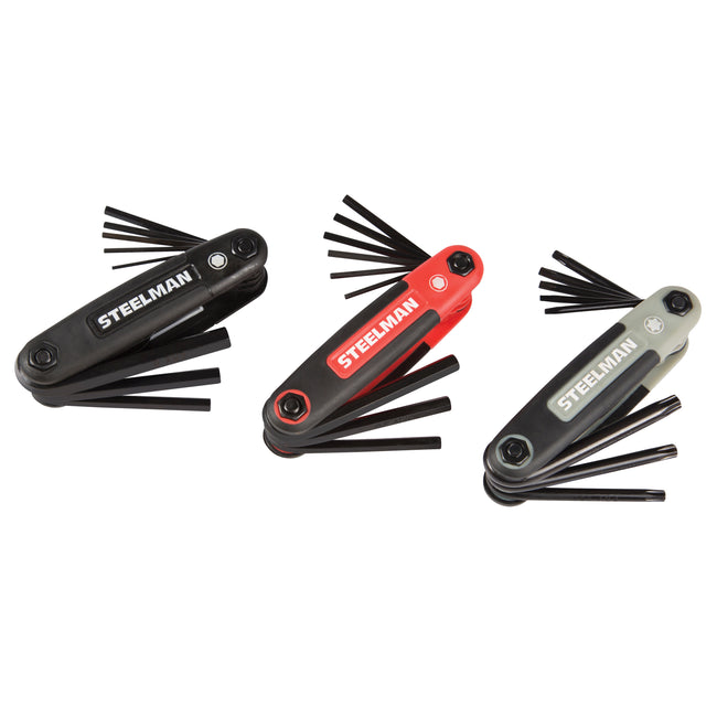 3-Piece Folding Hex Key Set; Includes 9-Standard (SAE-Inch)/8-Metric (MM), and 8-Torx (T) Sizes