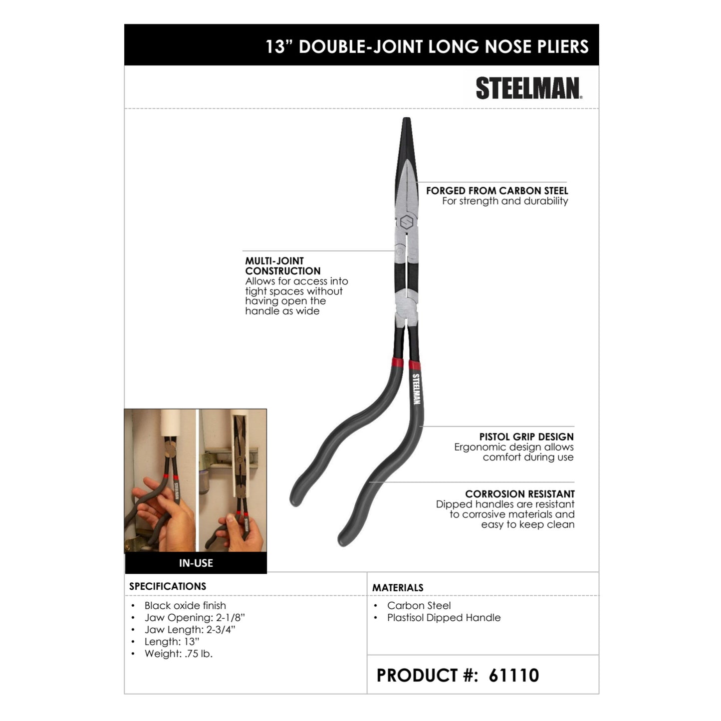 13-Inch Long Double-Joint Pistol Grip Long Nose Pliers