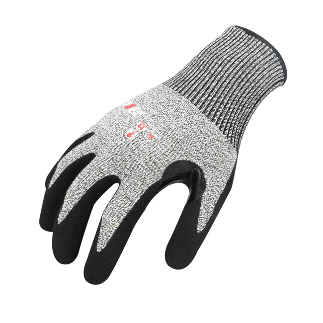 Heavy-Duty Seamless Sandy Gripped Nitrile ANSI Cut 4 Resistant Gloves in Gray and Black