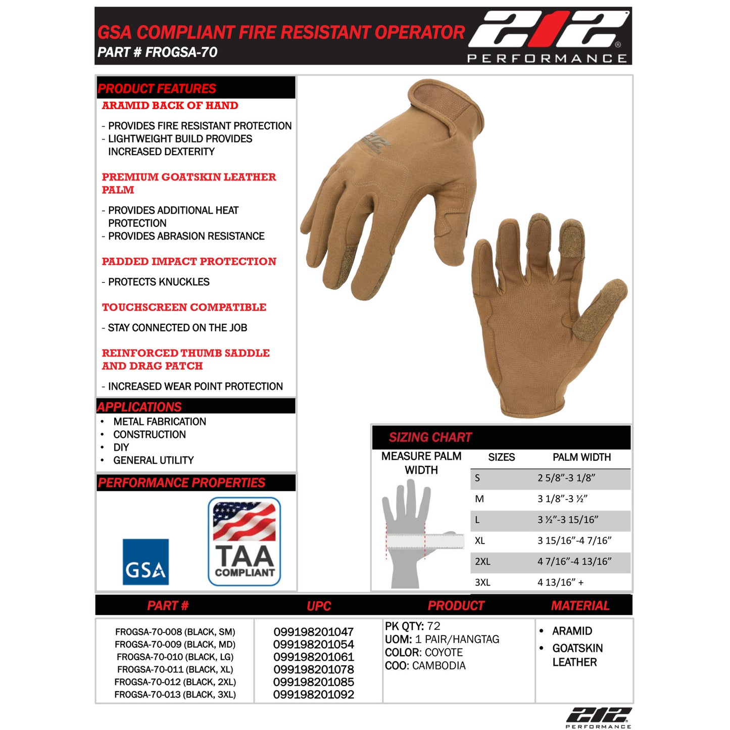 GSA Compliant Fire Resistant Premium Leather Operator Gloves in Coyote