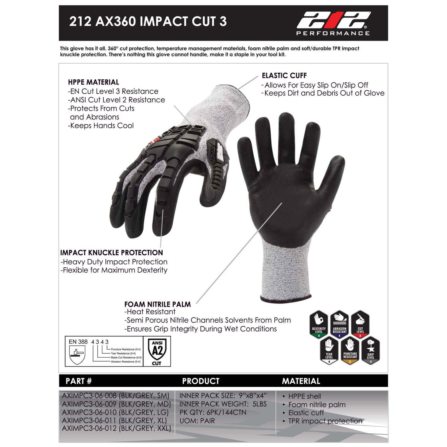 AX360 Impact Cut Resistant Gloves in Black and Gray (EN Level 3, ANSI A2)