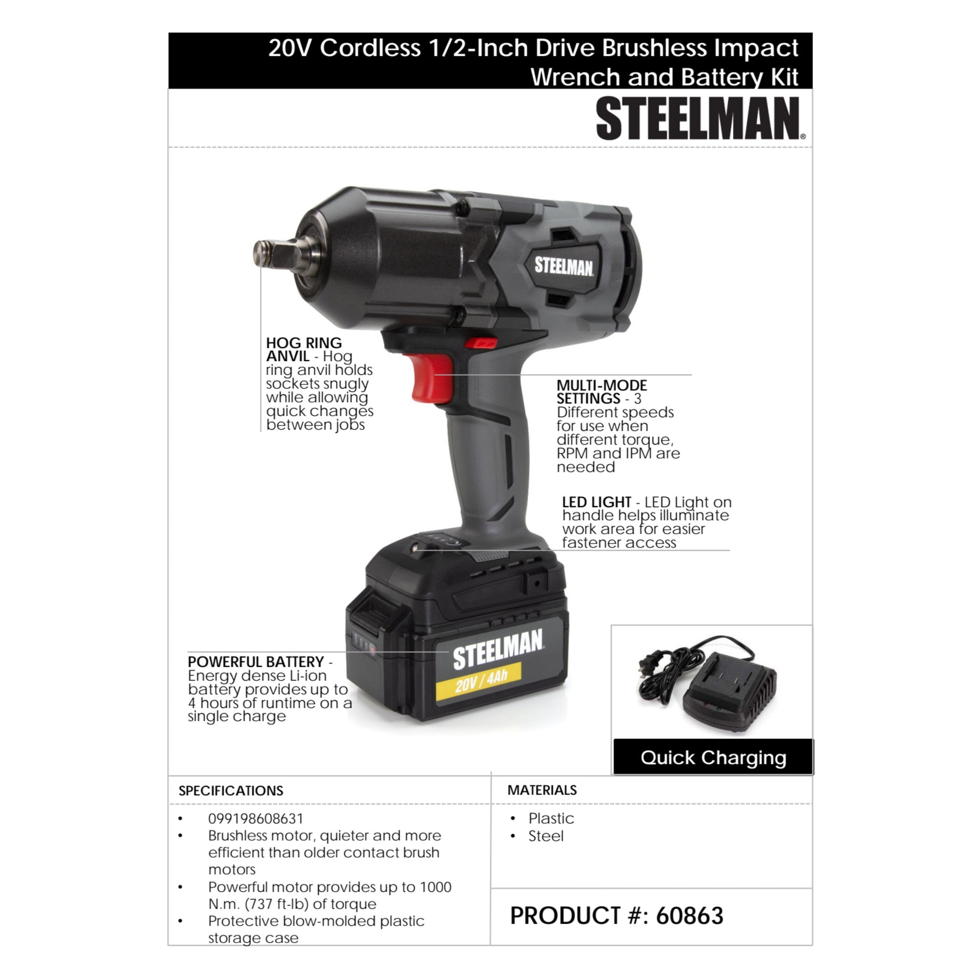 Steelman 20V Cordless 1/2-Inch Drive Brushless Impact Wrench And