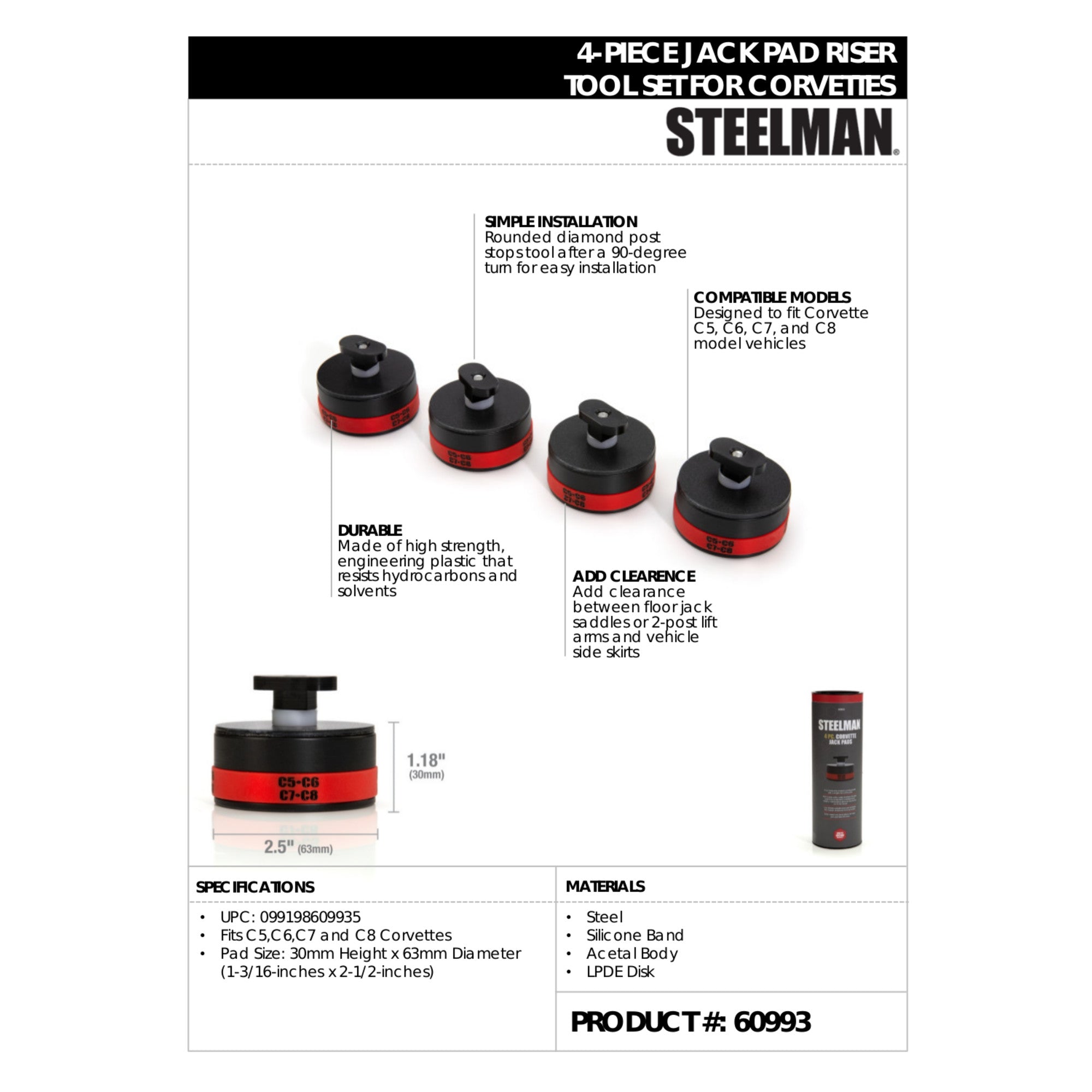 Steelman Jack Pad Lifting Pucks For Corvette C5/C6/C7/C8, 4-Puck