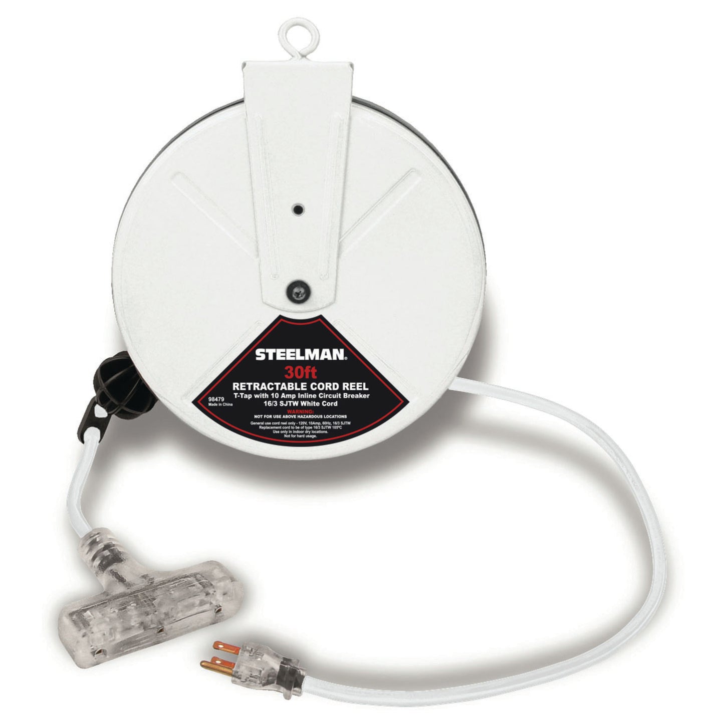 30-Foot Retractable Cord Reel with Triple Tap and 10A Inline Circuit Breaker