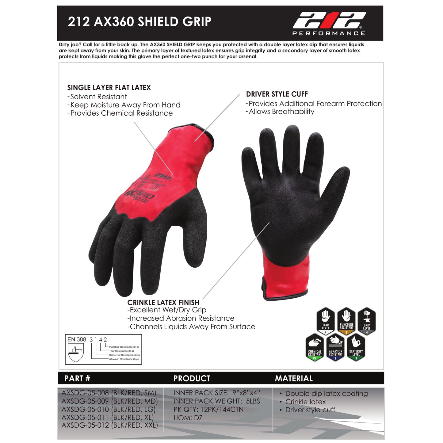 AX360 Shield Grip Latex-dipped Gloves in Black and Red