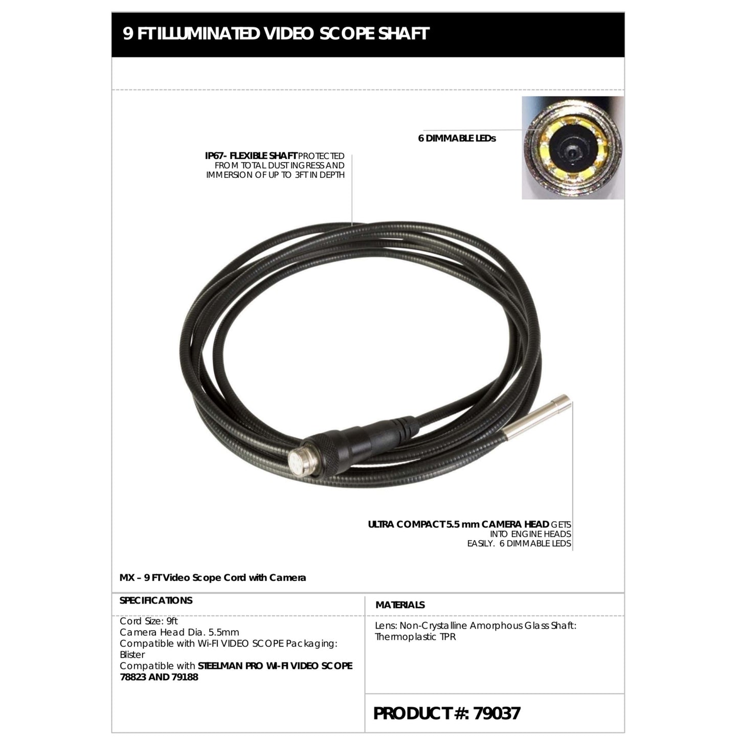 9-Foot x 5.5mm Camera Probe for Wi-Fi Video Inspection Scope