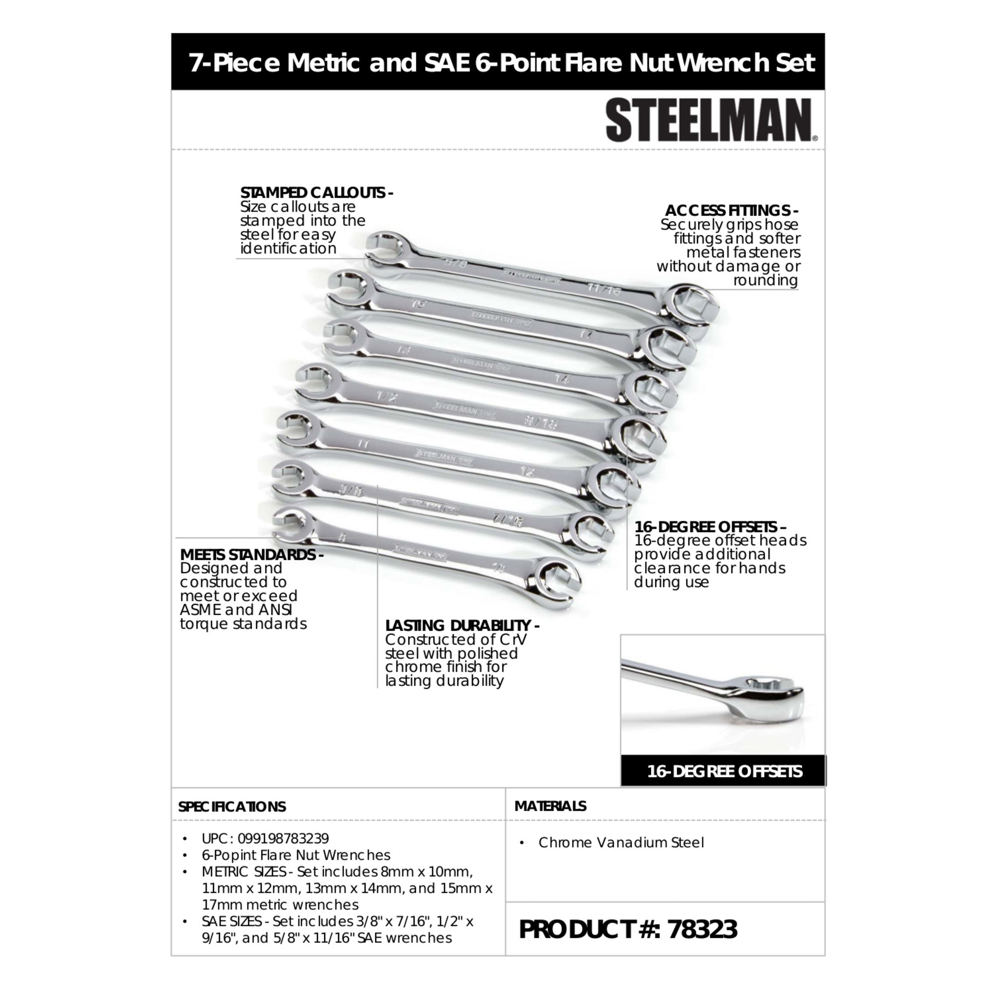 Steelman Metric And Sae 6-Point Flare Nut Wrench 7-Piece Set