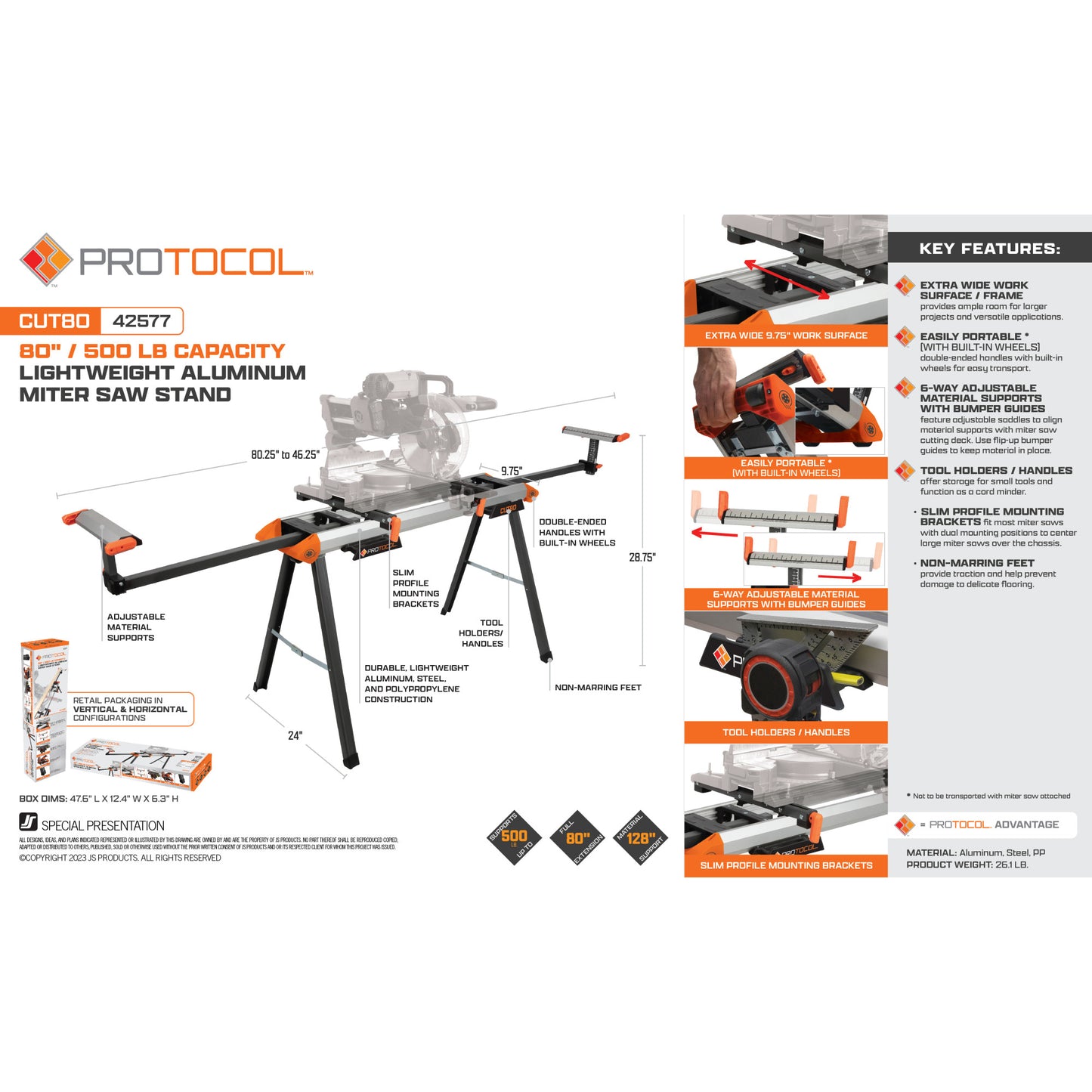 80-Inch / 500-Pound Capacity – Lightweight Aluminum Miter Saw Stand and Portable Workstation