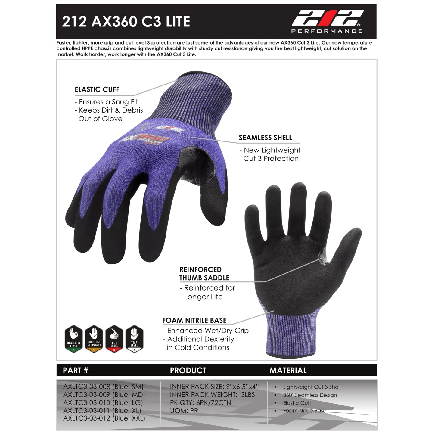 AX360 Seamless Knit Cut 3 Lite Gloves in Blue and Black