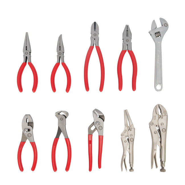 10-Piece Plier, Cutter, and Wrench Set, Red