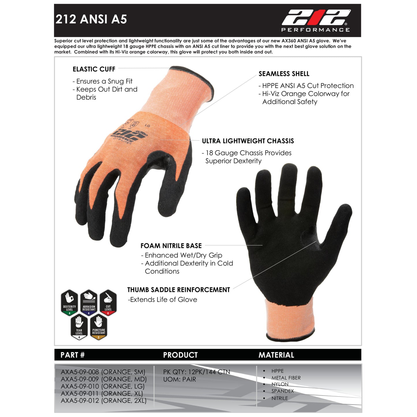 AX360 Seamless Foam Nitrile-dipped Cut Resistant Hi-Viz Gloves in Orange and Black