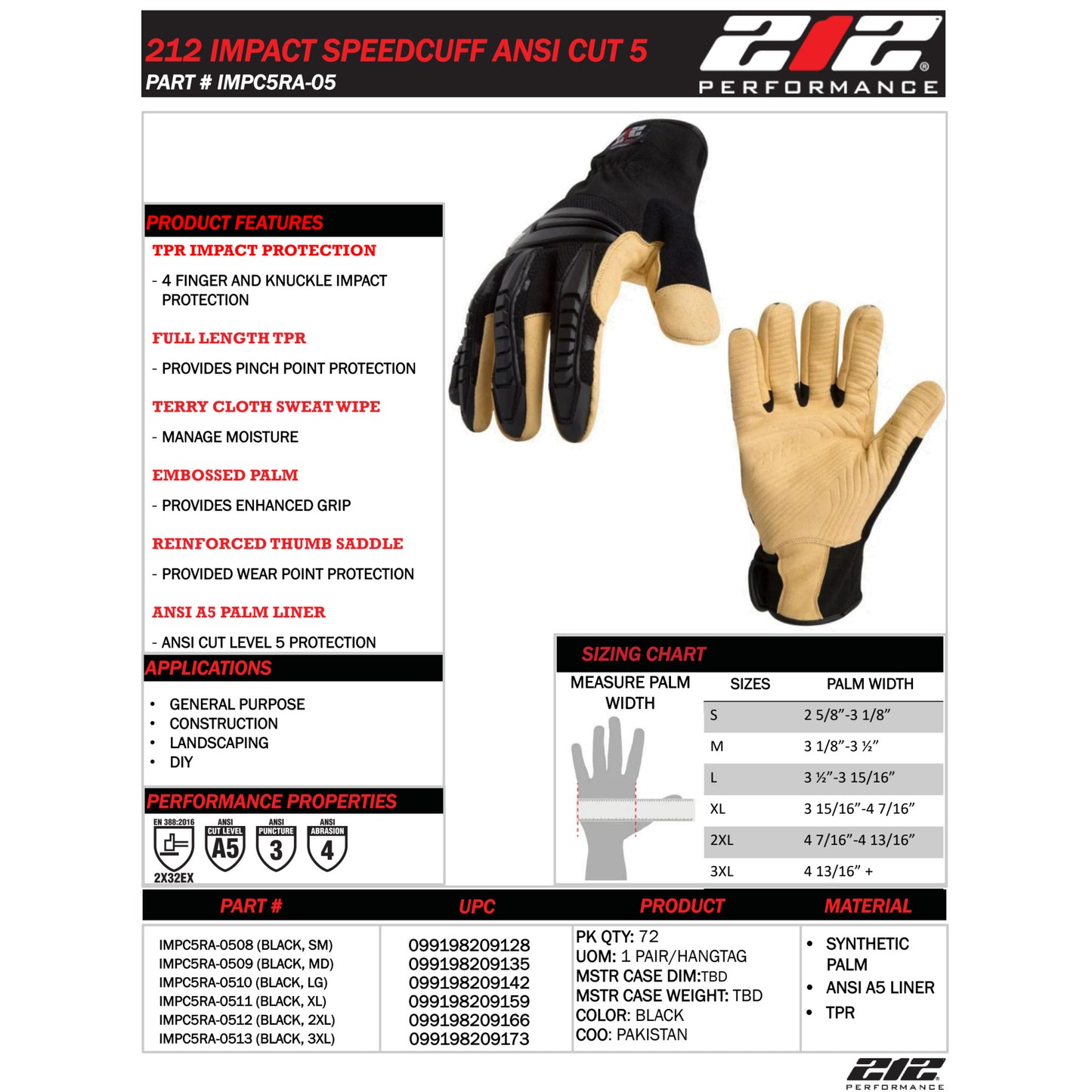 Impact Speedcuff Cut Resistant Work Glove (ANSI Level A5), Large