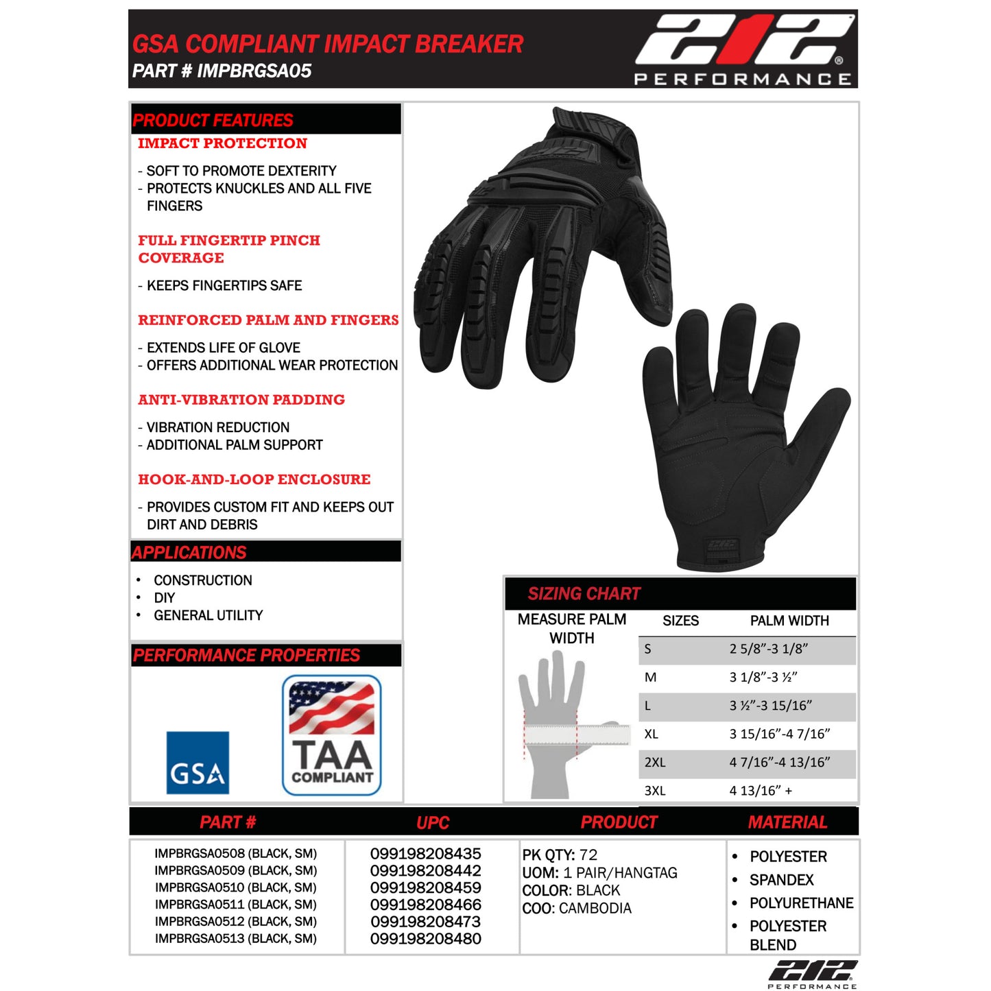 GSA Compliant Impact Breaker Gloves in Black