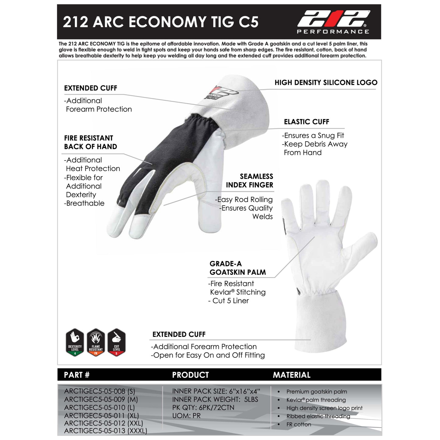 ARC Economy TIG Cut 5 Resistant Goatskin Welding Gloves in White and Black