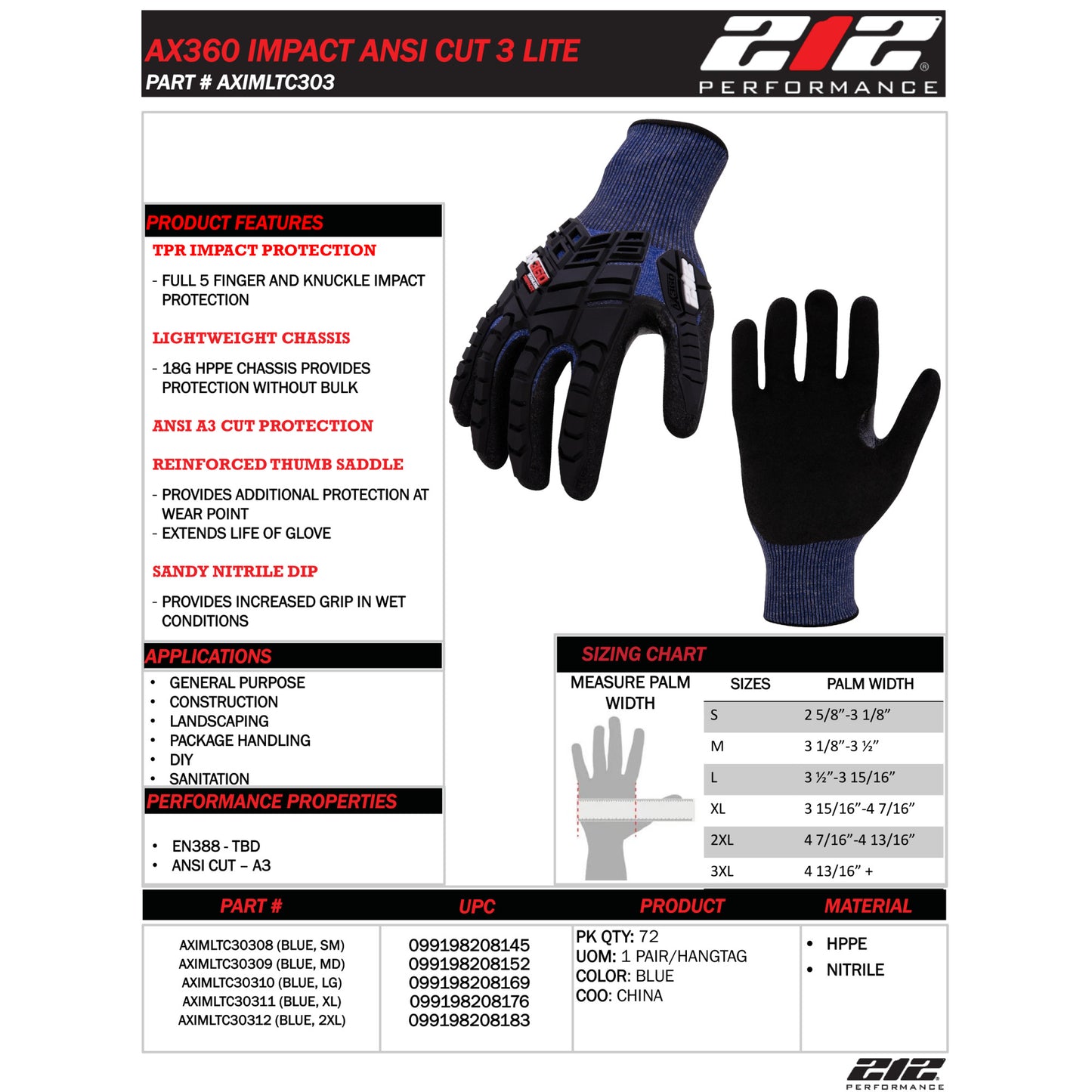 AX360 Impact ANSI Cut 3 Lite Gloves in Blue