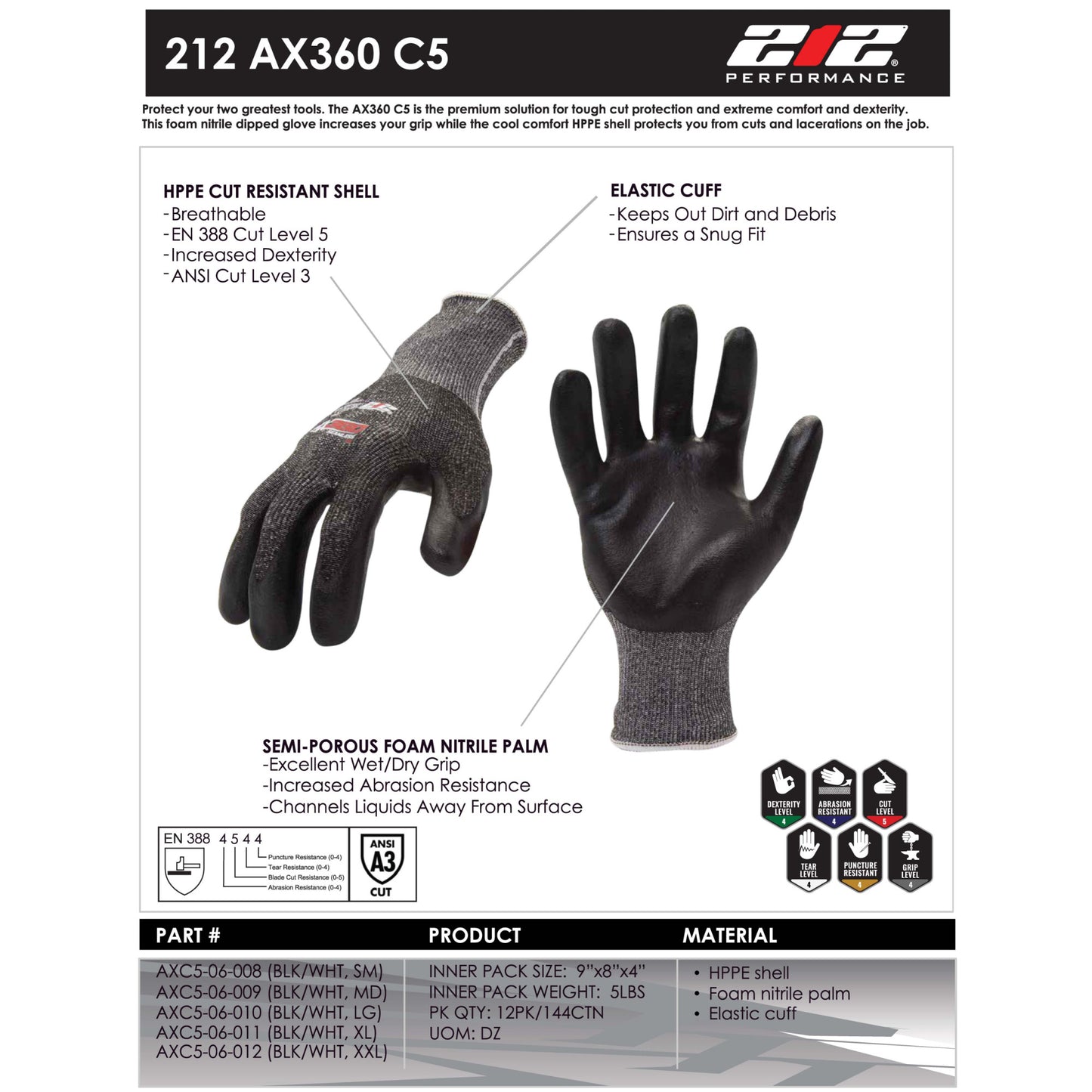 AX360 Foam Nitrile-dipped Cut Resistant Gloves in Black and Gray (EN Level 5, ANSI A3)