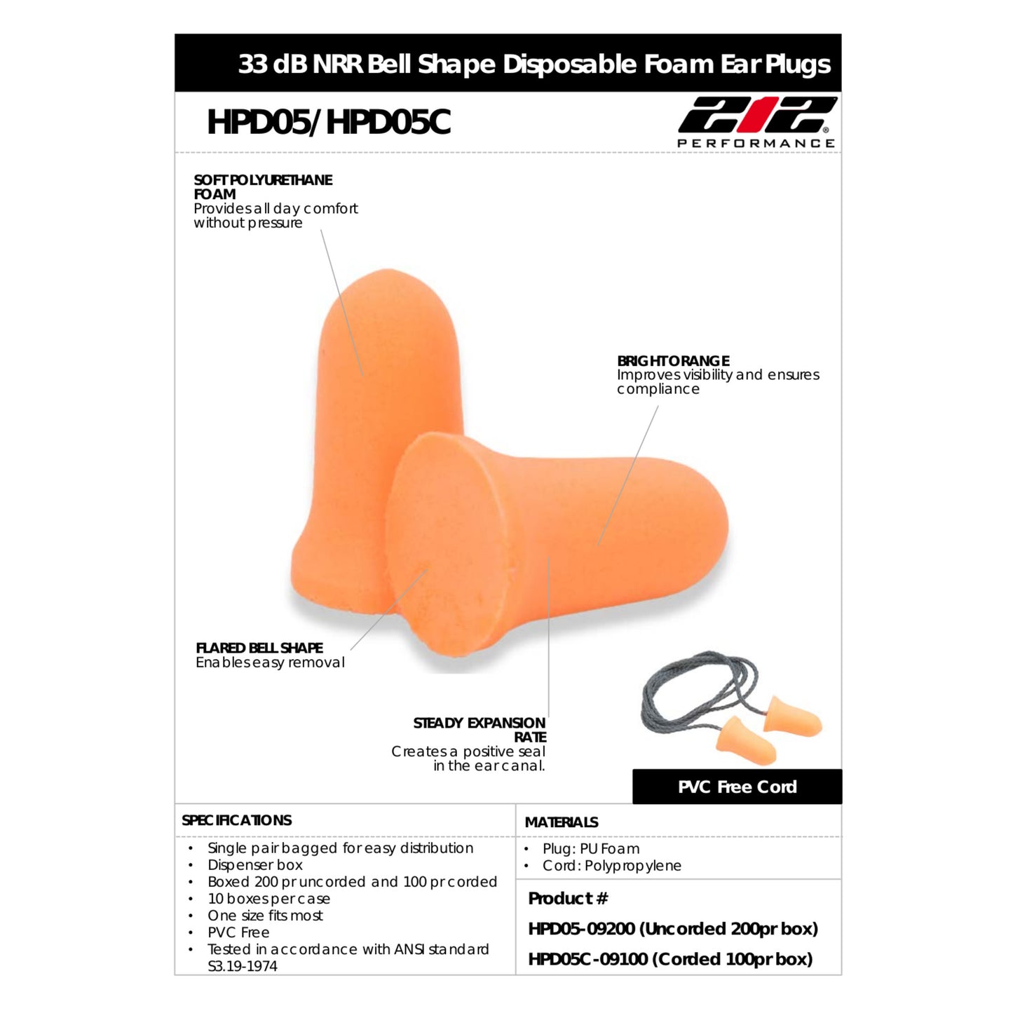 Bell Shape 33 dB NRR Disposable Foam Ear Plugs, 200-Pair Box