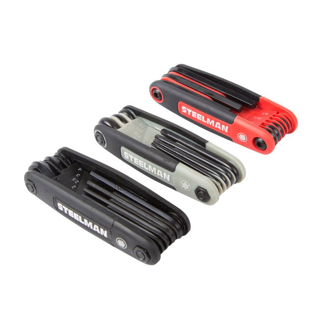 3-Piece Folding Hex Key Set; Includes 9-Standard (SAE-Inch)/8-Metric (MM), and 8-Torx (T) Sizes