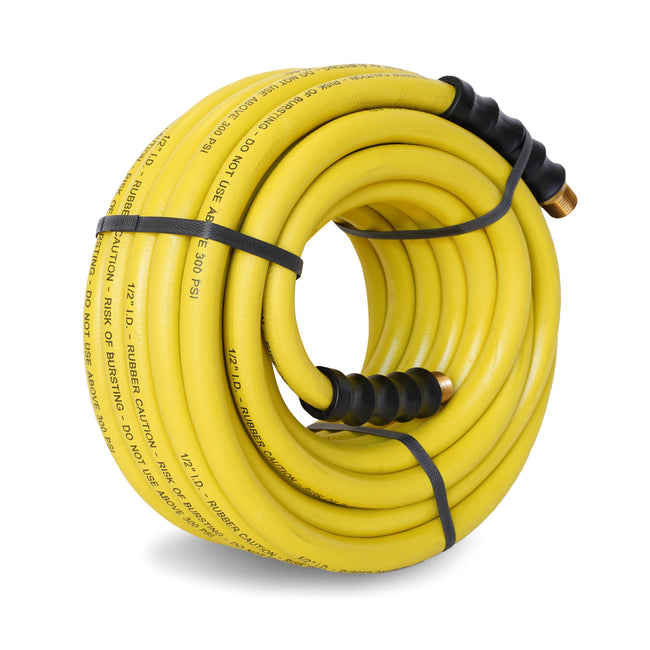 50-Foot Long Yellow Rubber 1/2-Inch ID Hose Reel Replacement Air / Water Hose with 1/2-Inch NPT Brass Fittings