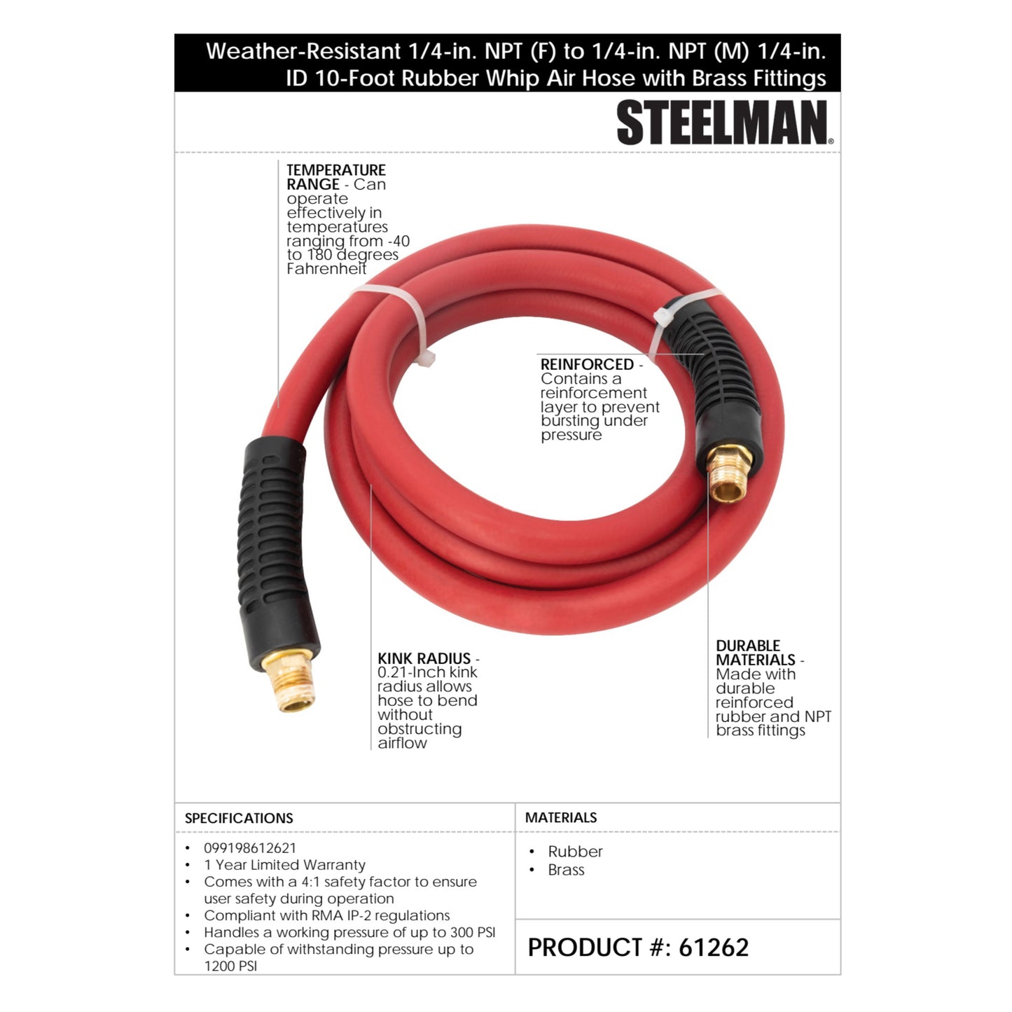 Weather-Resistant 1/4-Inch NPT (F) to 1/4-Inch NPT (M) 1/4-Inch ID 10-Foot Rubber Whip Air Hose in Red with Brass Fittings