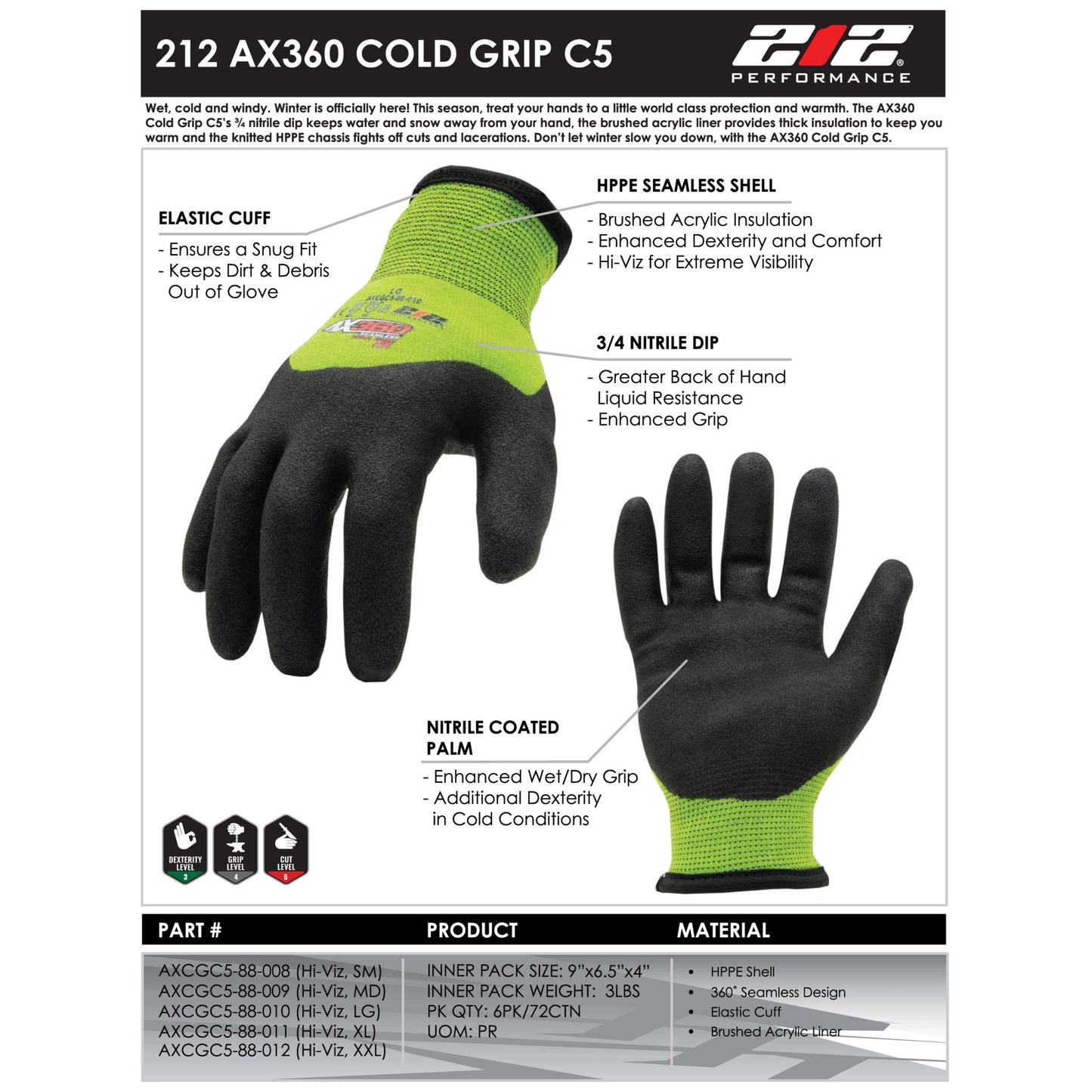 AX360 Seamless Nitrile-dipped Cut Resistant Cold Weather Hi-Viz Gloves in Black and Green (EN Level 5)