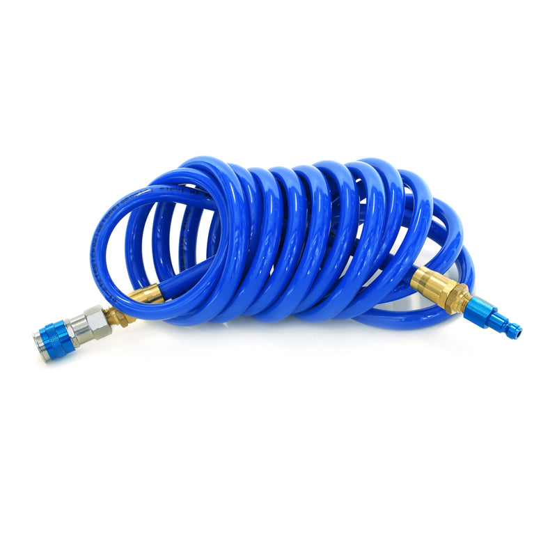 STEELMAN 15-foot 3/8-inch ID Coiled Air Hose with Reusable 1/4-inch NPT Brass and Quick Connect Fittings. Kink and abrasion-resistant polyurethane. Working air pressures of up to 100 PSI. Features AMT-style coupler and automotive T-style plug