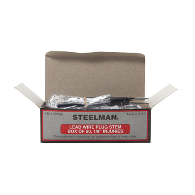 Box of 50 STEELMAN pull-through plugs for tire repair. The plugs feature an integrated lead wire and can vulcanize chemically via vulcanizing cement or in a heat cure system.