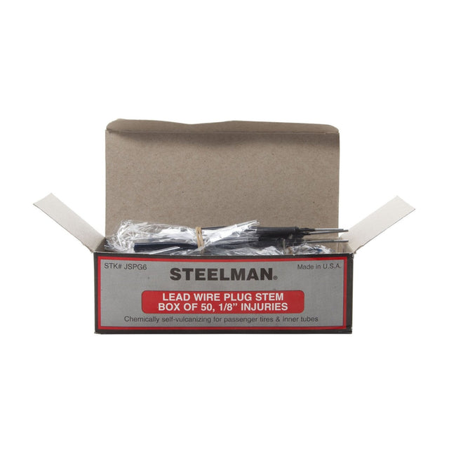 Box of 50 STEELMAN pull-through plugs for tire repair. The plugs feature an integrated lead wire and can vulcanize chemically via vulcanizing cement or in a heat cure system.